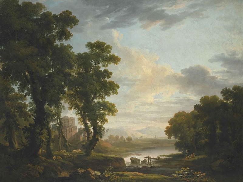 George Barret An extensive wooded river landscape with shepherds recicling in the foreground and ruins beyond